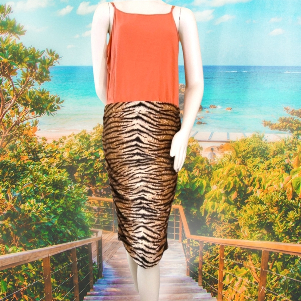 Tiger Print Slip-On Side Ruched Bodycon Skirt Size XL - NWT